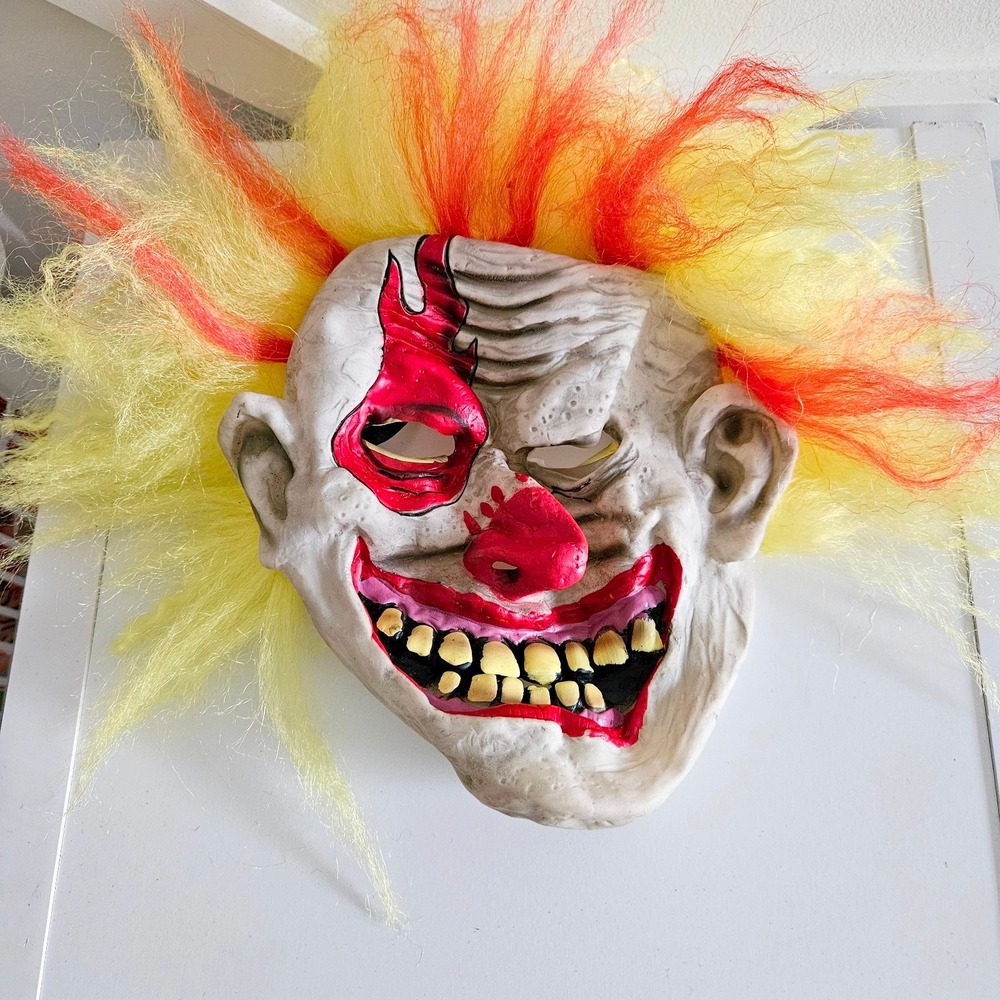 Evil Scary Clown Mask with Yellow Orange Flame Hair Halloween Horror Costume